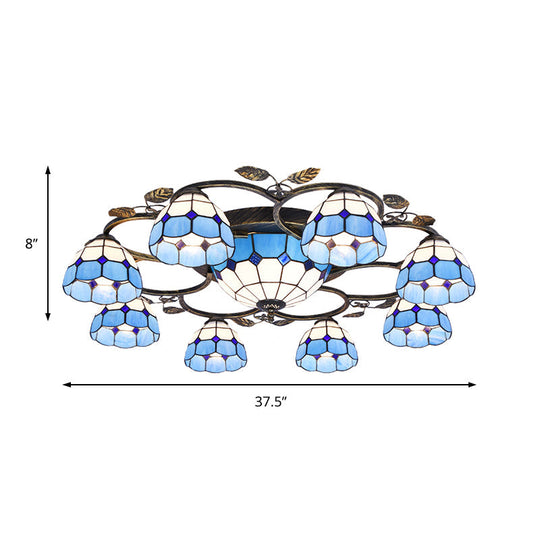 Tiffany Art Glass Ceiling Lamp - Lattice Domed Ceiling Mount Light (5/9 Lights) in Blue/Sky Blue for Cloth Shop