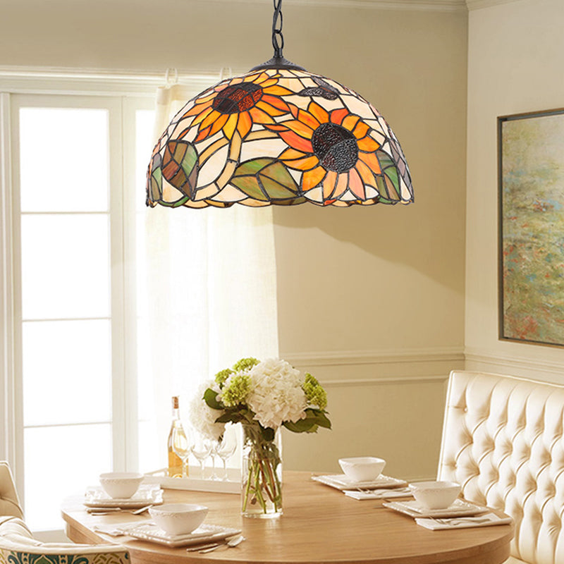 Black/White Stained Glass Pendant Lamp - Baroque Floral Pattern 1-Light Hanging Light Kit for Kitchen