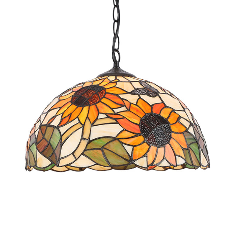 Black/White Stained Glass Pendant Lamp - Baroque Floral Pattern 1-Light Hanging Light Kit for Kitchen