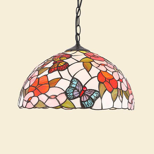 Black/White Stained Glass Pendant Lamp - Baroque Floral Pattern 1-Light Hanging Light Kit for Kitchen