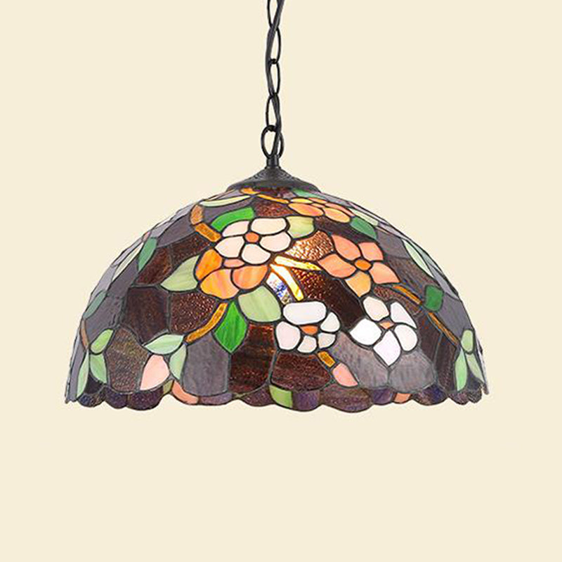 Black/White Stained Glass Pendant Lamp - Baroque Floral Pattern 1-Light Hanging Light Kit for Kitchen