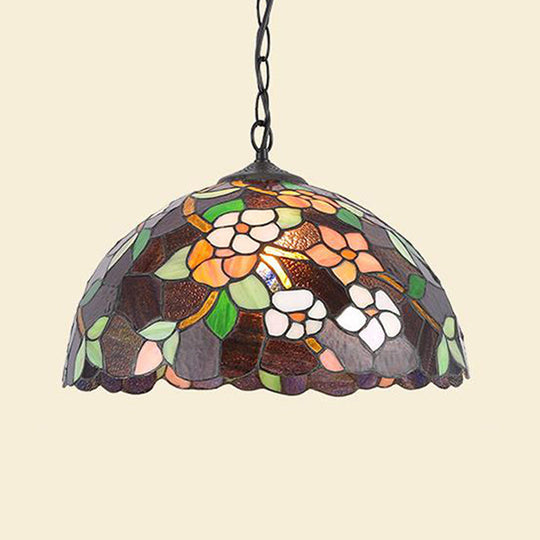 Baroque Floral Pattern Stained Glass Pendant Lamp - Black/White 1-Light Domed Hanging Light Kit For