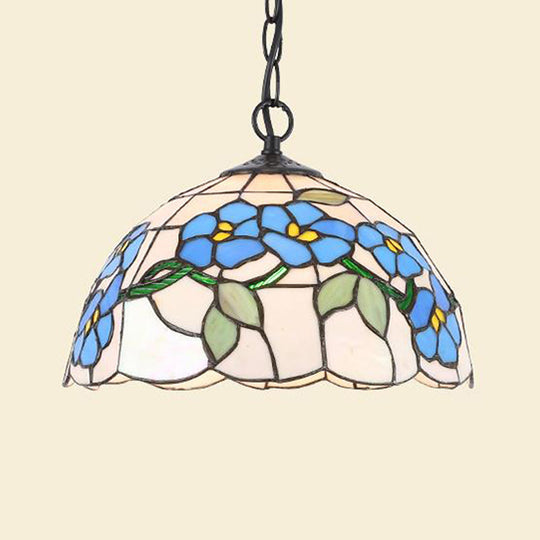 Black/White Stained Glass Pendant Lamp - Baroque Floral Pattern 1-Light Hanging Light Kit for Kitchen