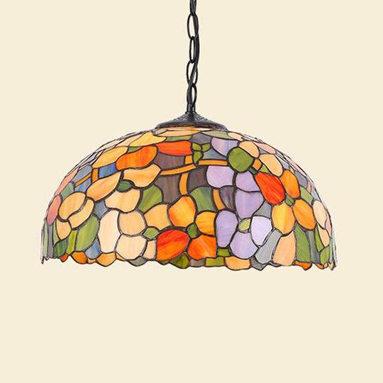 Black/White Stained Glass Pendant Lamp - Baroque Floral Pattern 1-Light Hanging Light Kit for Kitchen