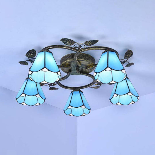 Tiffany Art Glass Ceiling Lamp - Lattice Domed Ceiling Mount Light (5/9 Lights) in Blue/Sky Blue for Cloth Shop