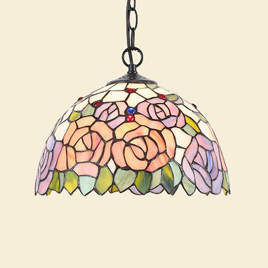 Black/White Stained Glass Pendant Lamp - Baroque Floral Pattern 1-Light Hanging Light Kit for Kitchen