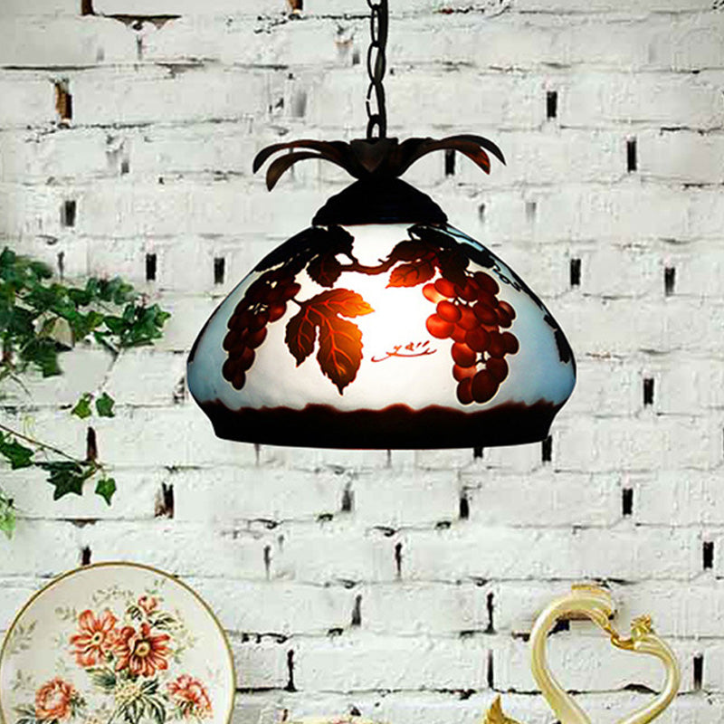 Tiffany Style 1-Light Pendulum Ceiling Pendant with White/Yellow/Orange Glass and Grape/Blossom Pattern