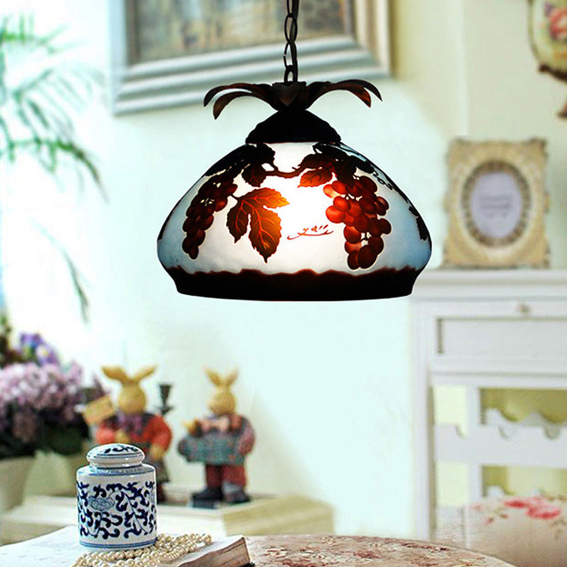 Tiffany Style 1-Light Pendulum Ceiling Pendant with White/Yellow/Orange Glass and Grape/Blossom Pattern