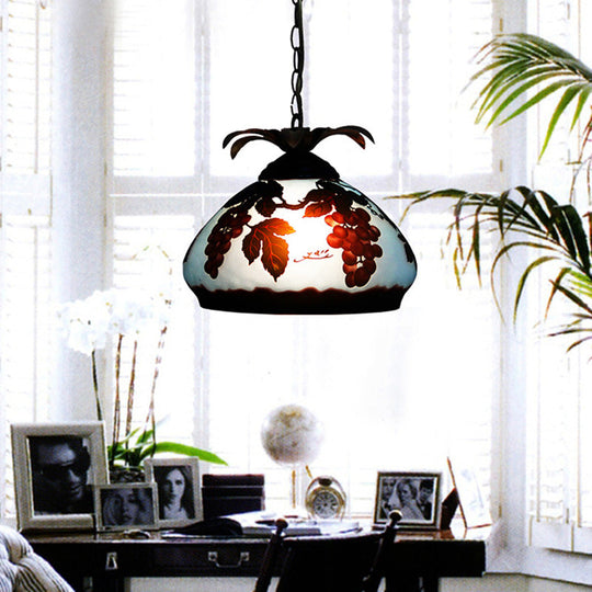 Tiffany Style 1-Light Pendulum Ceiling Pendant with White/Yellow/Orange Glass and Grape/Blossom Pattern