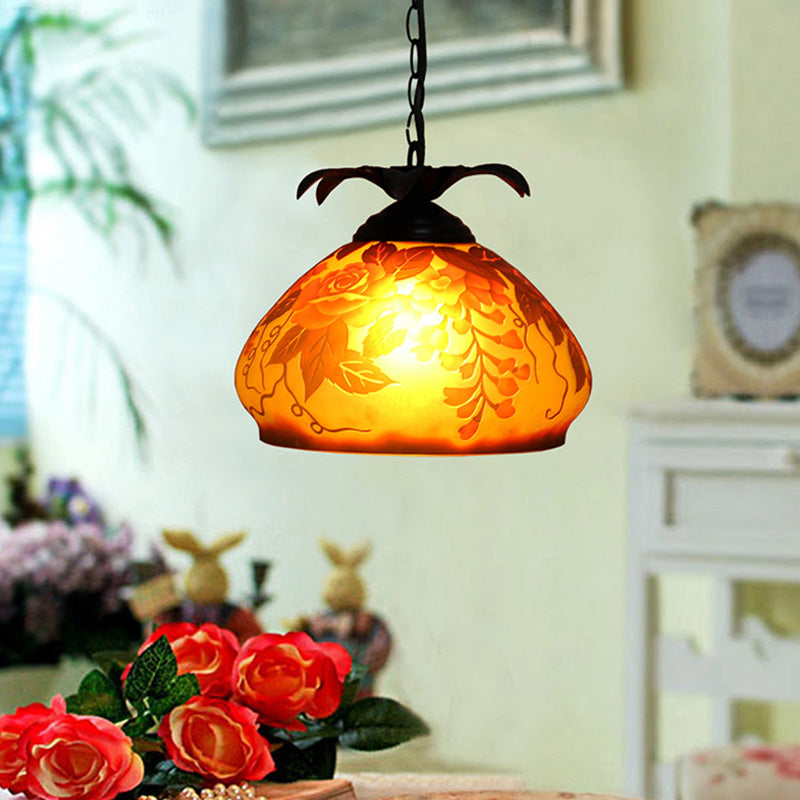 Tiffany Style 1-Light Pendulum Ceiling Pendant with White/Yellow/Orange Glass and Grape/Blossom Pattern