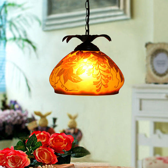 Tiffany Style 1-Light Pendulum Ceiling Pendant with White/Yellow/Orange Glass and Grape/Blossom Pattern