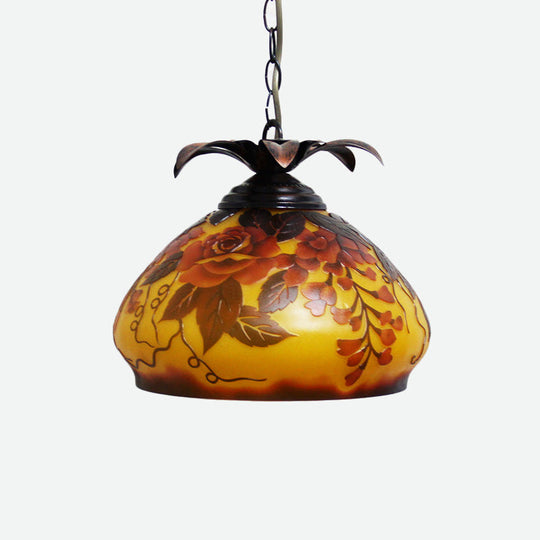 Tiffany Style 1-Light Pendulum Ceiling Pendant with White/Yellow/Orange Glass and Grape/Blossom Pattern