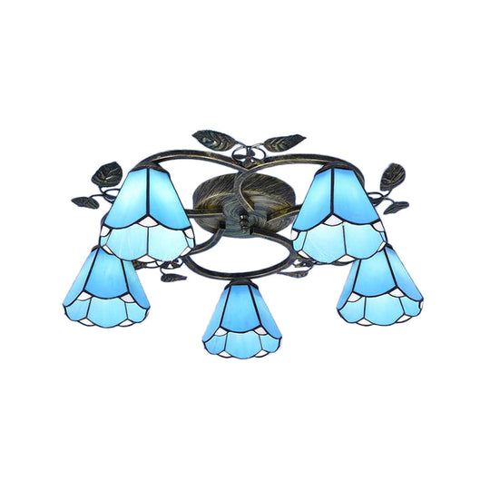 Tiffany Art Glass Ceiling Lamp - Lattice Domed Ceiling Mount Light (5/9 Lights) in Blue/Sky Blue for Cloth Shop