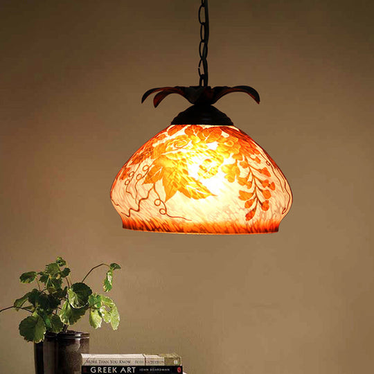 Tiffany Style 1-Light Pendulum Ceiling Pendant with White/Yellow/Orange Glass and Grape/Blossom Pattern