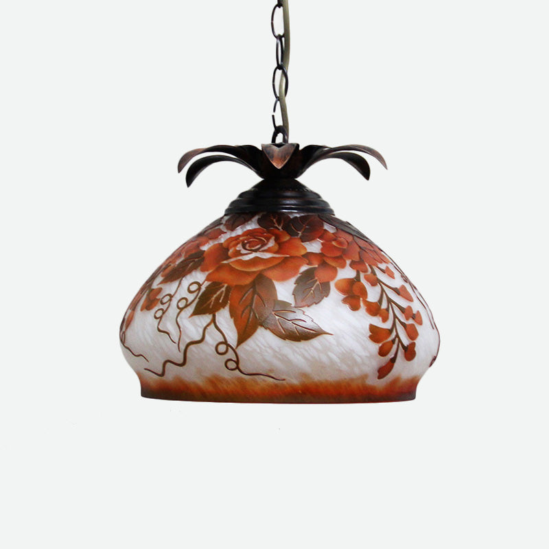 Tiffany Style 1-Light Pendulum Ceiling Pendant with White/Yellow/Orange Glass and Grape/Blossom Pattern