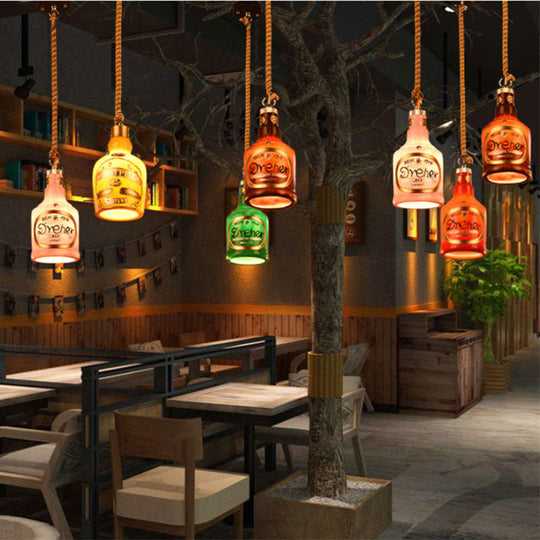 Industrial Style Hanging Lamp Kit for Restaurants - Resin Red/Yellow Drop Pendant Wine Bottle 1-Light