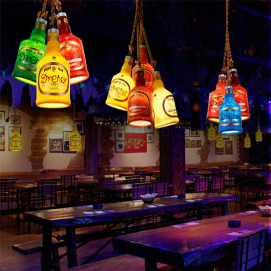 Industrial Style Hanging Lamp Kit for Restaurants - Resin Red/Yellow Drop Pendant Wine Bottle 1-Light