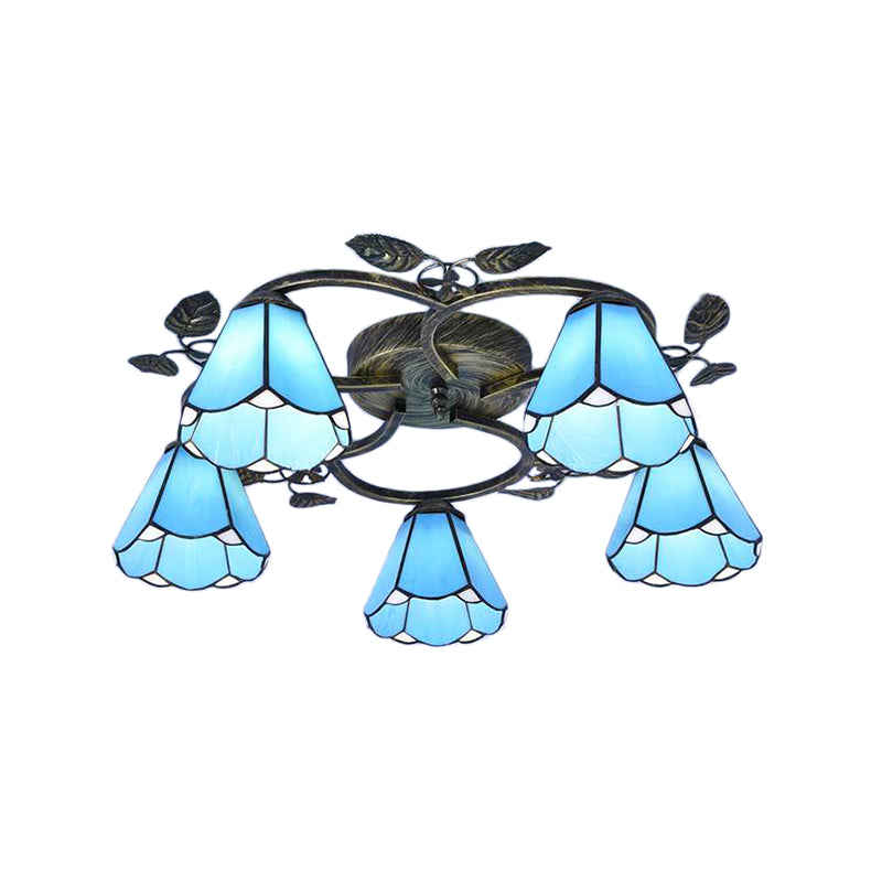 Tiffany Art Glass Ceiling Lamp - Lattice Domed Mount Light (5/9 Lights) In Blue/Sky Blue For Cloth