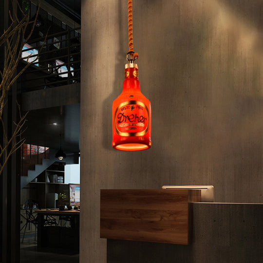 Industrial Style Hanging Lamp Kit for Restaurants - Resin Red/Yellow Drop Pendant Wine Bottle 1-Light