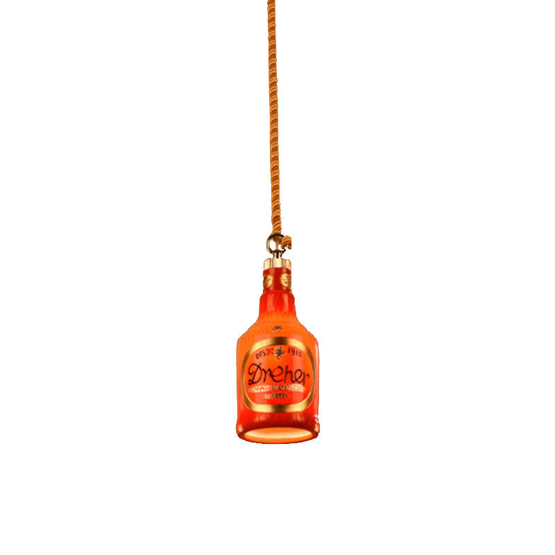 Industrial Style Hanging Lamp Kit for Restaurants - Resin Red/Yellow Drop Pendant Wine Bottle 1-Light