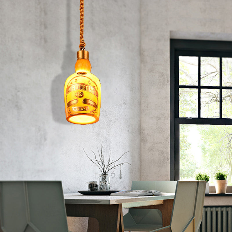 Industrial Style Hanging Lamp Kit for Restaurants - Resin Red/Yellow Drop Pendant Wine Bottle 1-Light