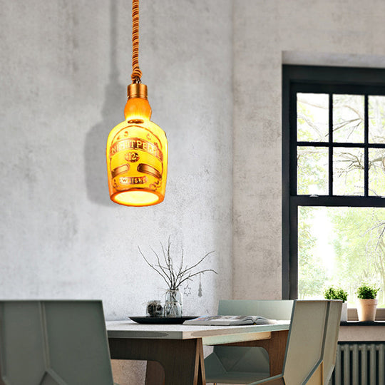 Industrial Style Hanging Lamp Kit for Restaurants - Resin Red/Yellow Drop Pendant Wine Bottle 1-Light