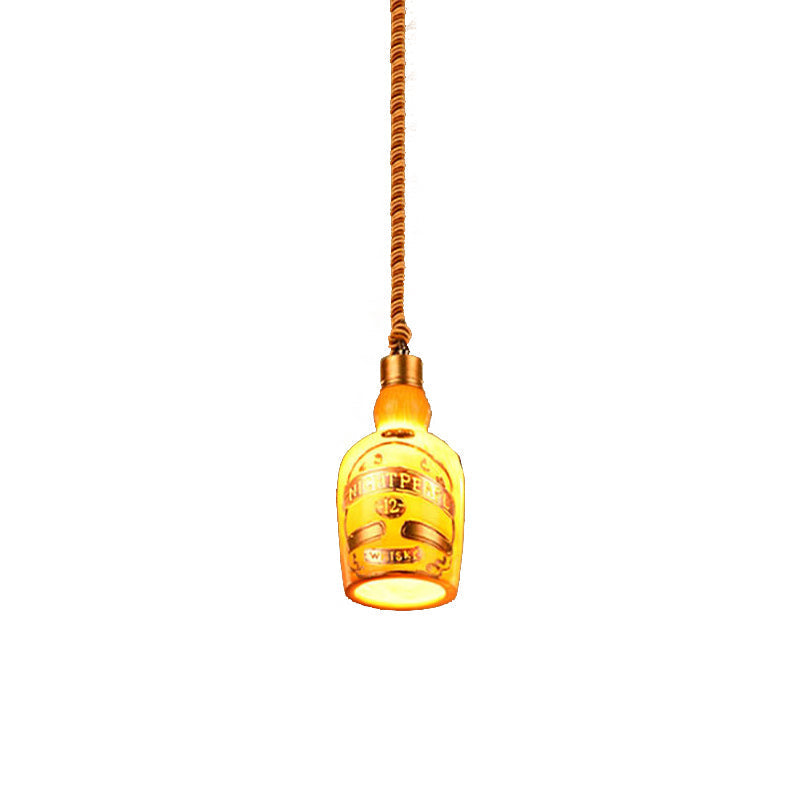 Industrial Style Hanging Lamp Kit for Restaurants - Resin Red/Yellow Drop Pendant Wine Bottle 1-Light