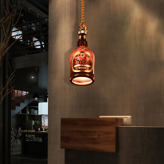 Industrial Style Hanging Lamp Kit for Restaurants - Resin Red/Yellow Drop Pendant Wine Bottle 1-Light