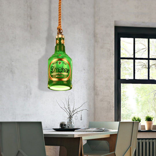 Industrial Style Hanging Lamp Kit for Restaurants - Resin Red/Yellow Drop Pendant Wine Bottle 1-Light