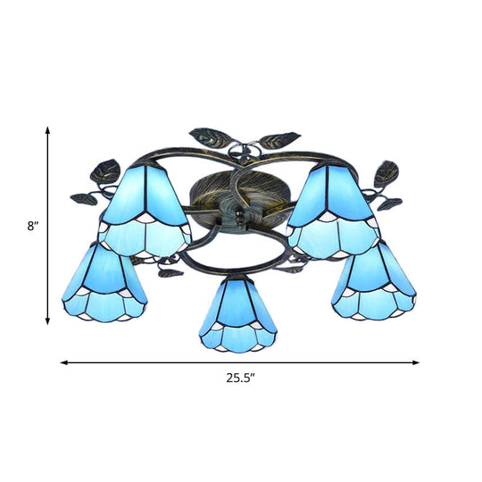 Tiffany Art Glass Ceiling Lamp - Lattice Domed Mount Light (5/9 Lights) In Blue/Sky Blue For Cloth