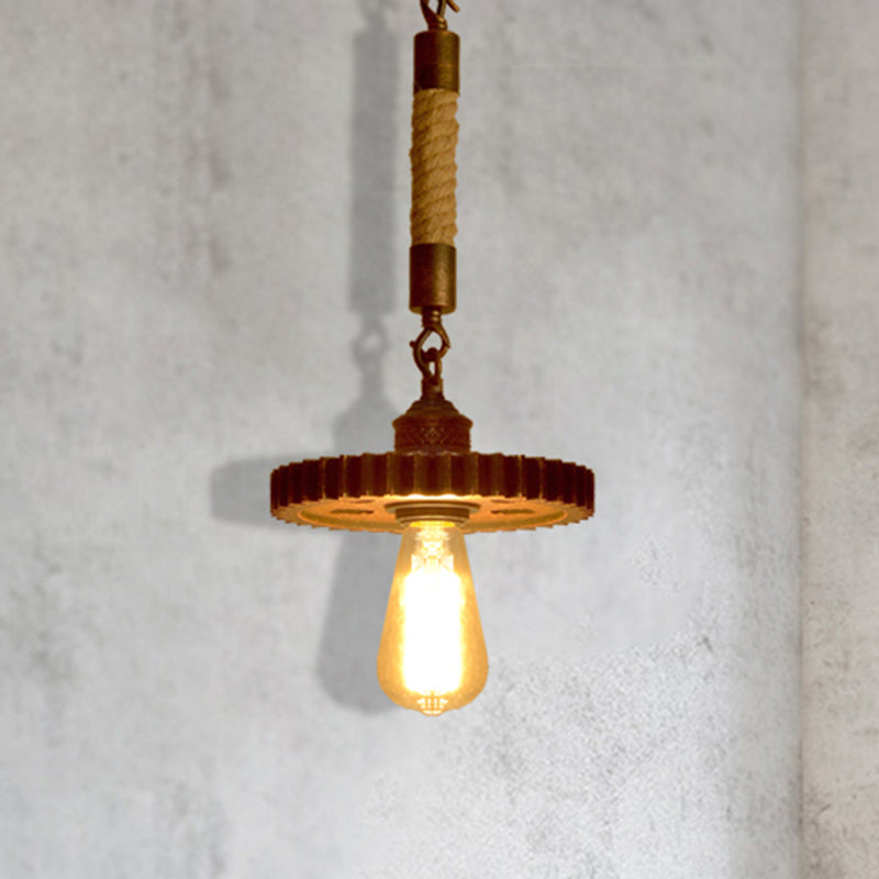 Vintage Gear Metal Pendant Light Kit - 1/5-Light Down Lighting in Rust for Coffee Shop with Rope Rod