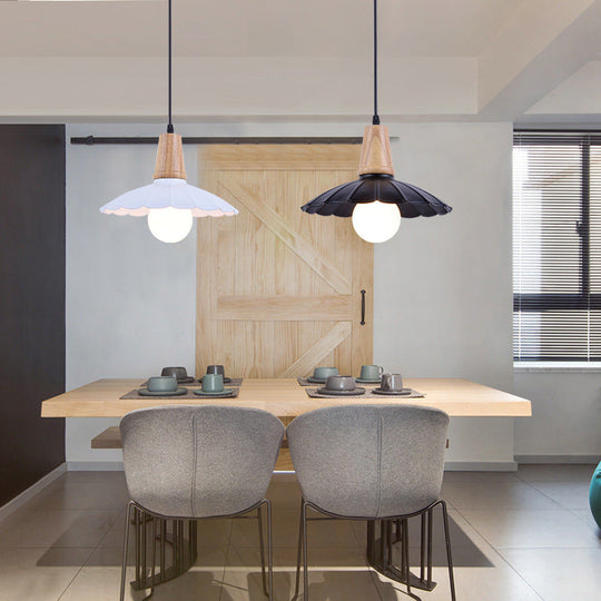 Industrial Scalloped Metal Hanging Pendant Light With Wooden Cap - Bedroom Suspension In White/Black