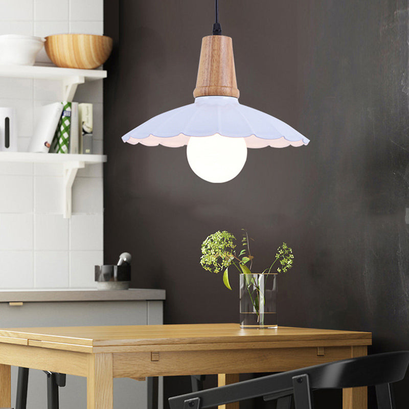 Industrial Scalloped Metal Hanging Pendant Light With Wooden Cap - Bedroom Suspension In White/Black