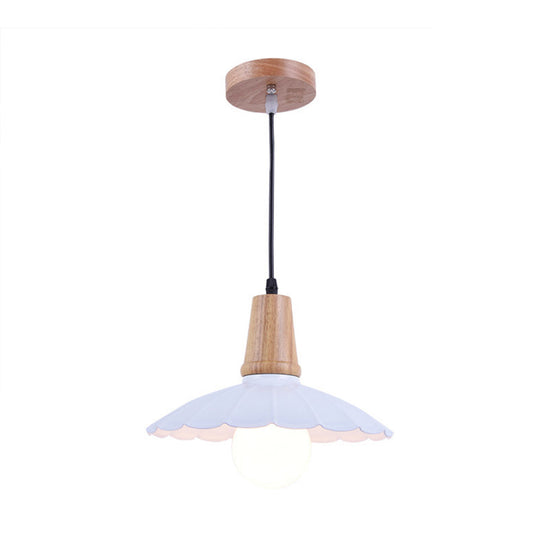 Industrial Scalloped Metal Hanging Pendant Light with Wooden Cap - White/Black