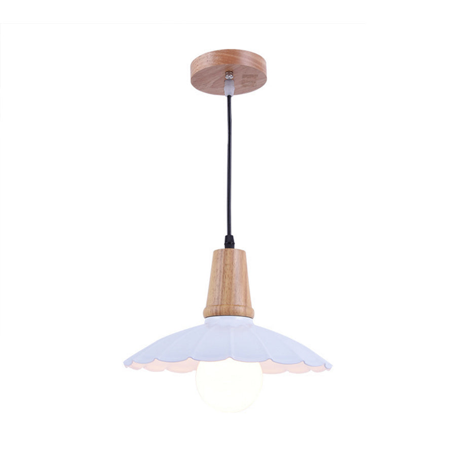 Industrial Scalloped Metal Hanging Pendant Light With Wooden Cap - Bedroom Suspension In White/Black