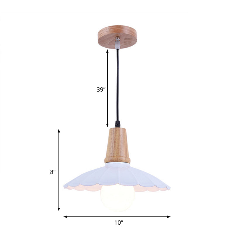 Industrial Scalloped Metal Hanging Pendant Light With Wooden Cap - Bedroom Suspension In White/Black