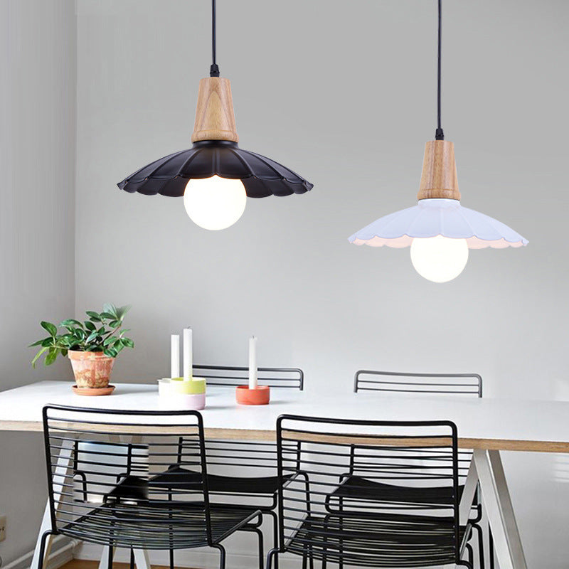 Industrial Scalloped Metal Hanging Pendant Light with Wooden Cap - White/Black