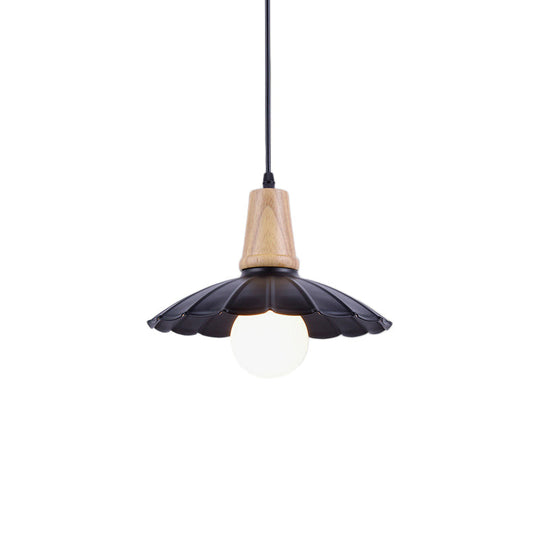 Industrial Scalloped Metal Hanging Pendant Light with Wooden Cap - White/Black