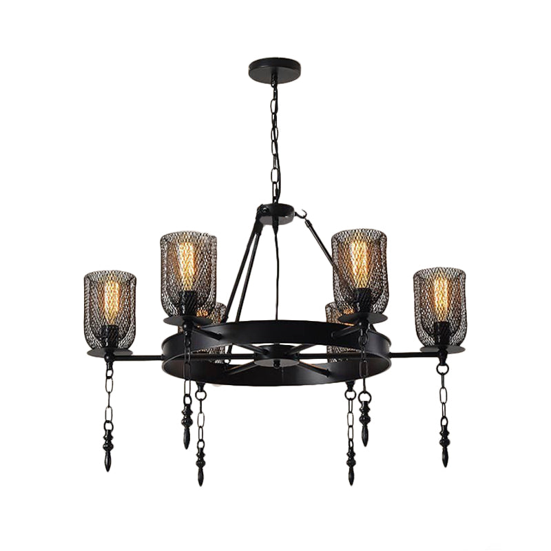 Black Wheel Design Bell Metallic Chandelier - Industrial 3/6 Lights Dining Room Hanging Lamp Kit