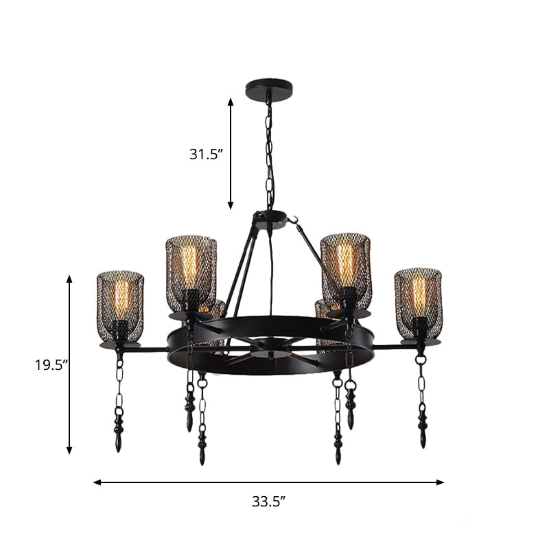 Black Wheel Design Bell Metallic Chandelier - Industrial 3/6 Lights Dining Room Hanging Lamp Kit