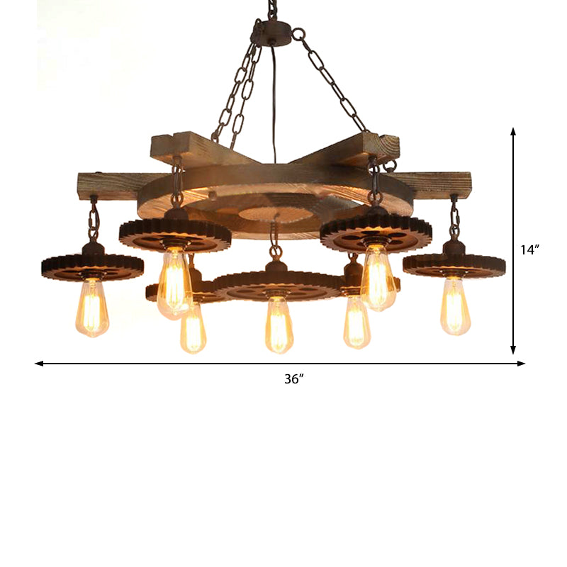 Black Industrial Chandelier: 3/7-Light Metal Gear Down Lighting with Wooden Shelf