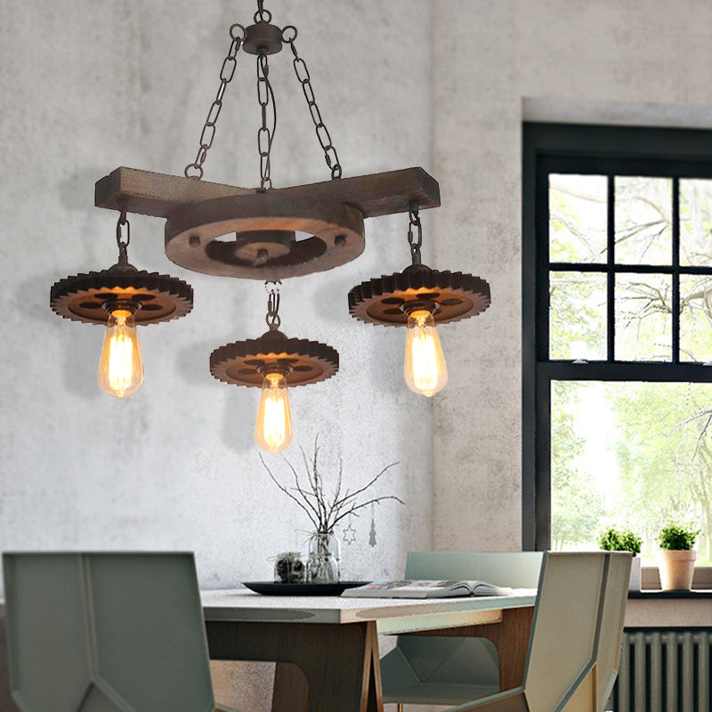 Industrial Black Chandelier With 3/7 Down Lights And Round Wood Shelf 3 /