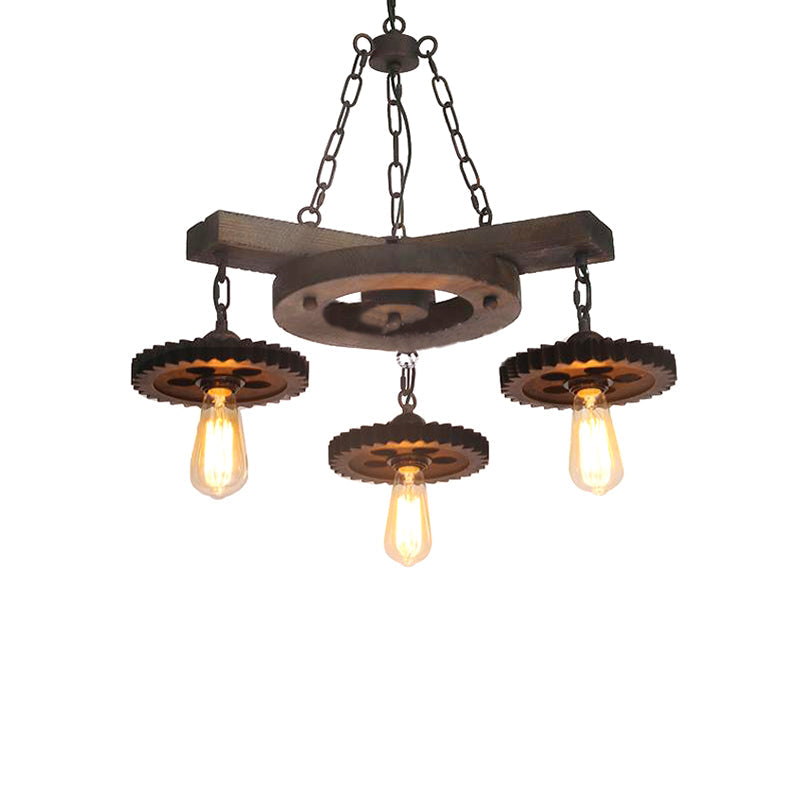 Black Industrial Chandelier: 3/7-Light Metal Gear Down Lighting with Wooden Shelf