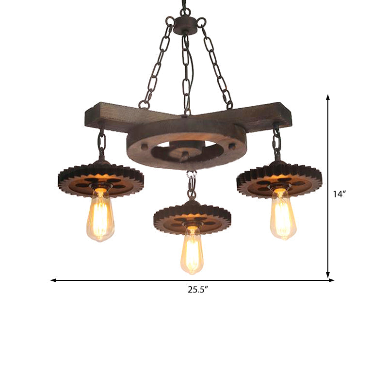 Black Industrial Chandelier: 3/7-Light Metal Gear Down Lighting with Wooden Shelf