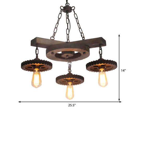 Industrial Black Chandelier With 3/7 Down Lights And Round Wood Shelf