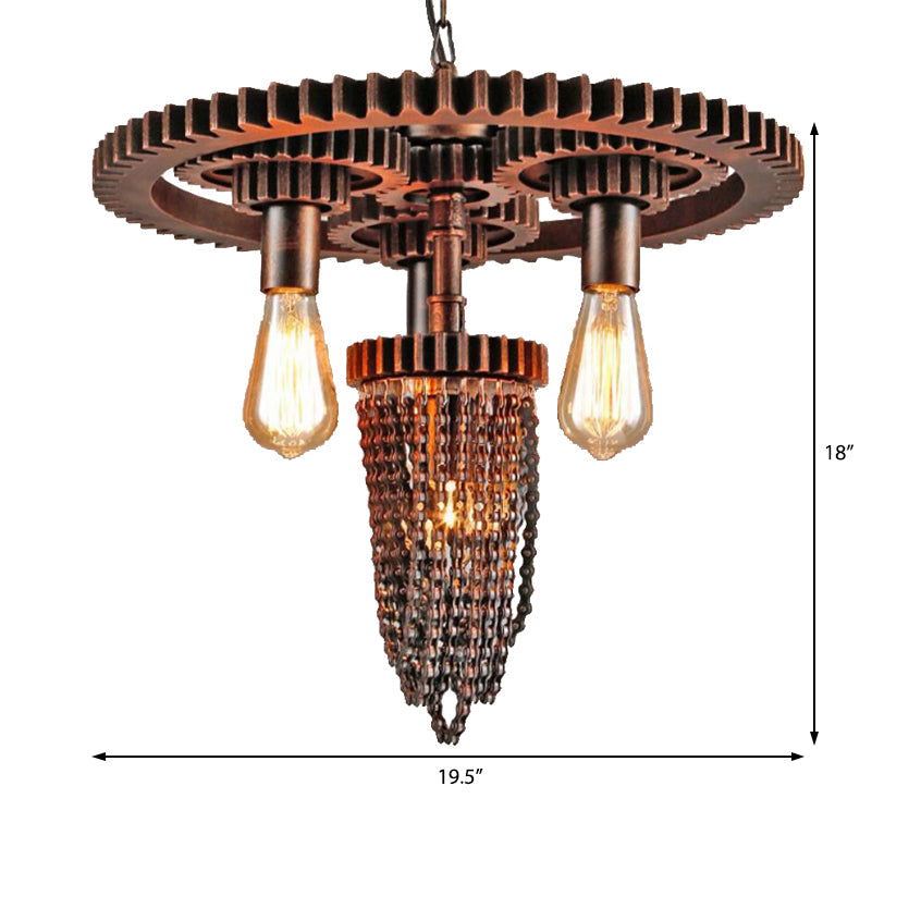 Vintage 3-Head Metal Gear Hanging Chandelier - Rustic Restaurant Ceiling Pendant