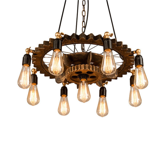 Antique 2-Tier Restaurant Chandelier with 9 Bulbs and Rustic Suspended Fixture