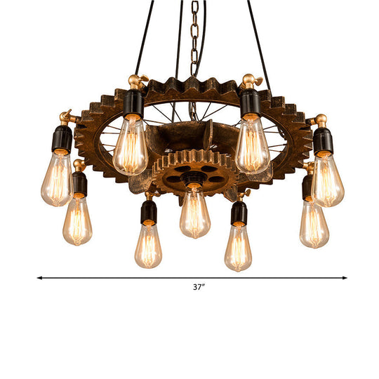 Antique Metallic 2-Tier Restaurant Chandelier With 9-Bulb Rust Suspended Lighting