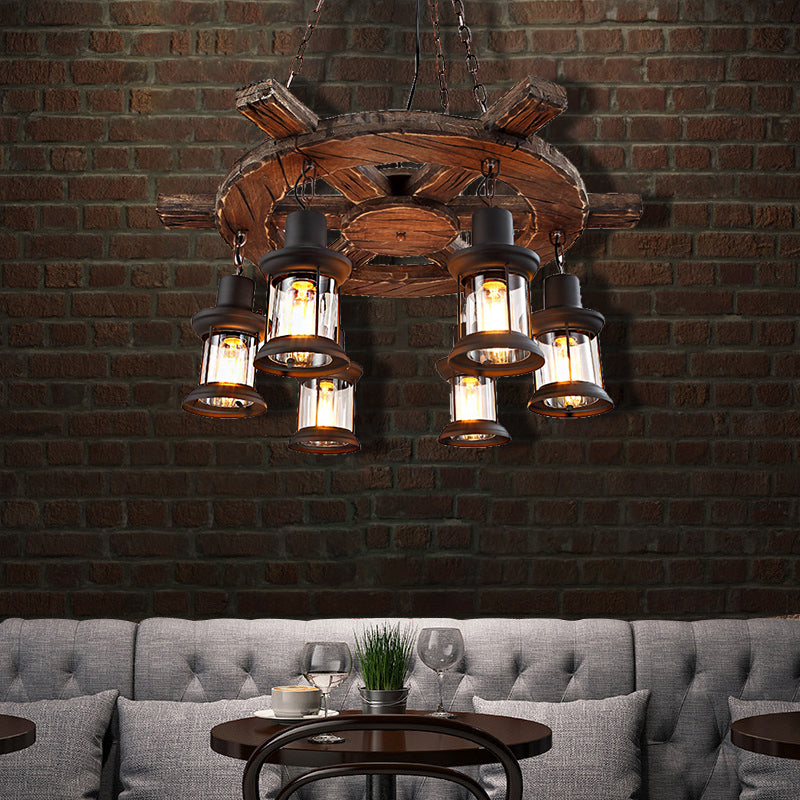 Coastal Metal Lantern Chandelier: 6-Light Black Pendant Lamp With Wooden Rudder Décor