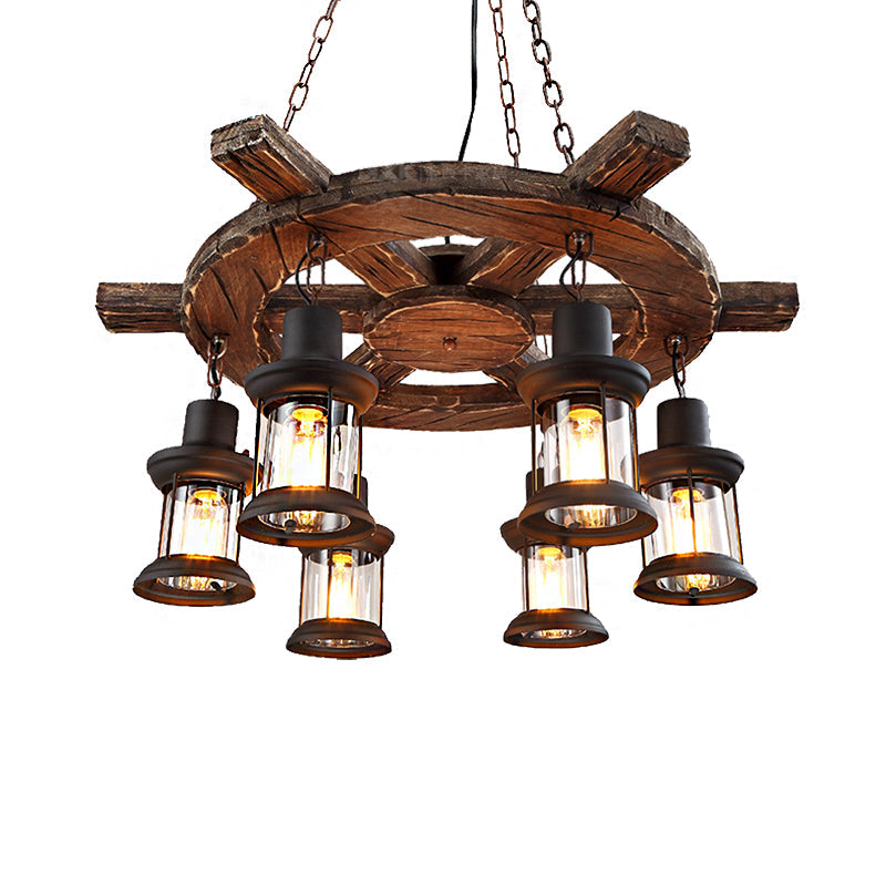 Coastal Metal Lantern Restaurant Chandelier - 6-Light Black Pendant Lamp with Wooden Rudder Decoration